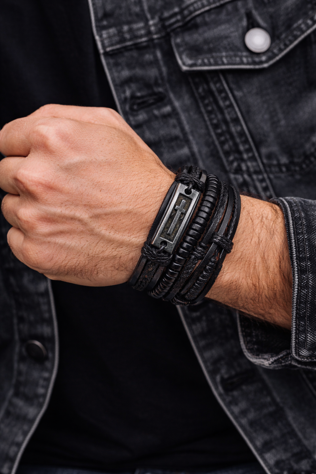 Cross Wristband Leather Bracelet for Men