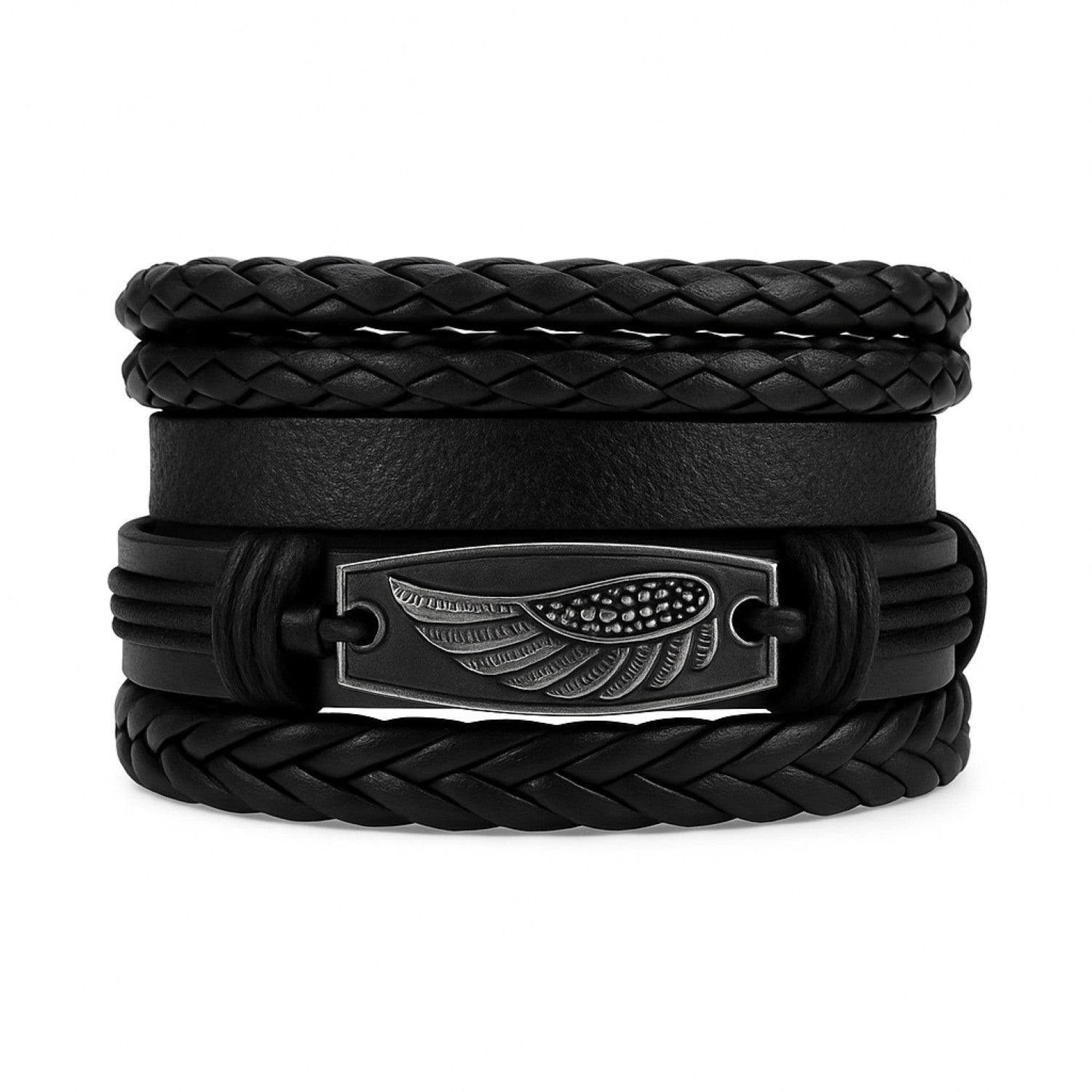Black Braided Feather Design Wristband Leather Bracelet for Men