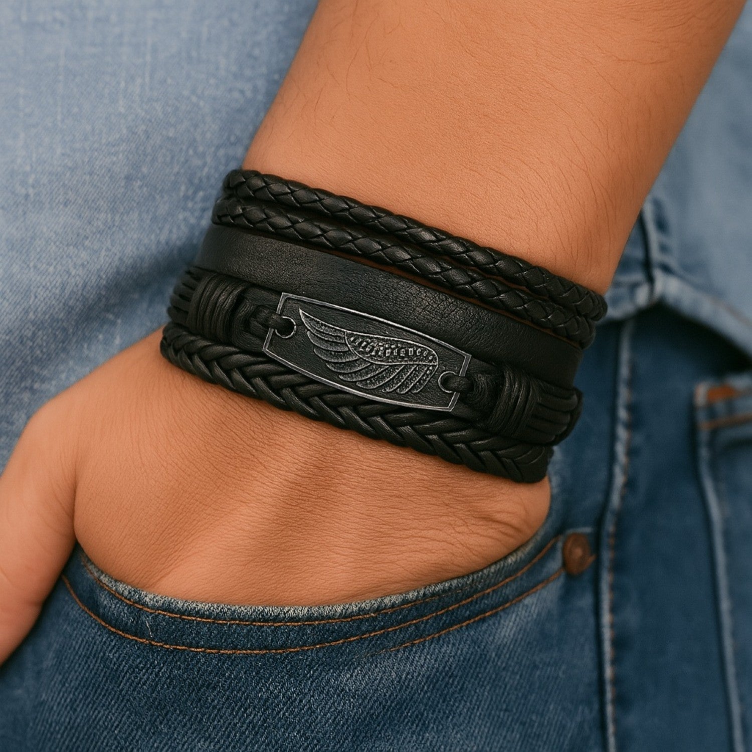 Black Braided Feather Design Wristband Leather Bracelet for Men