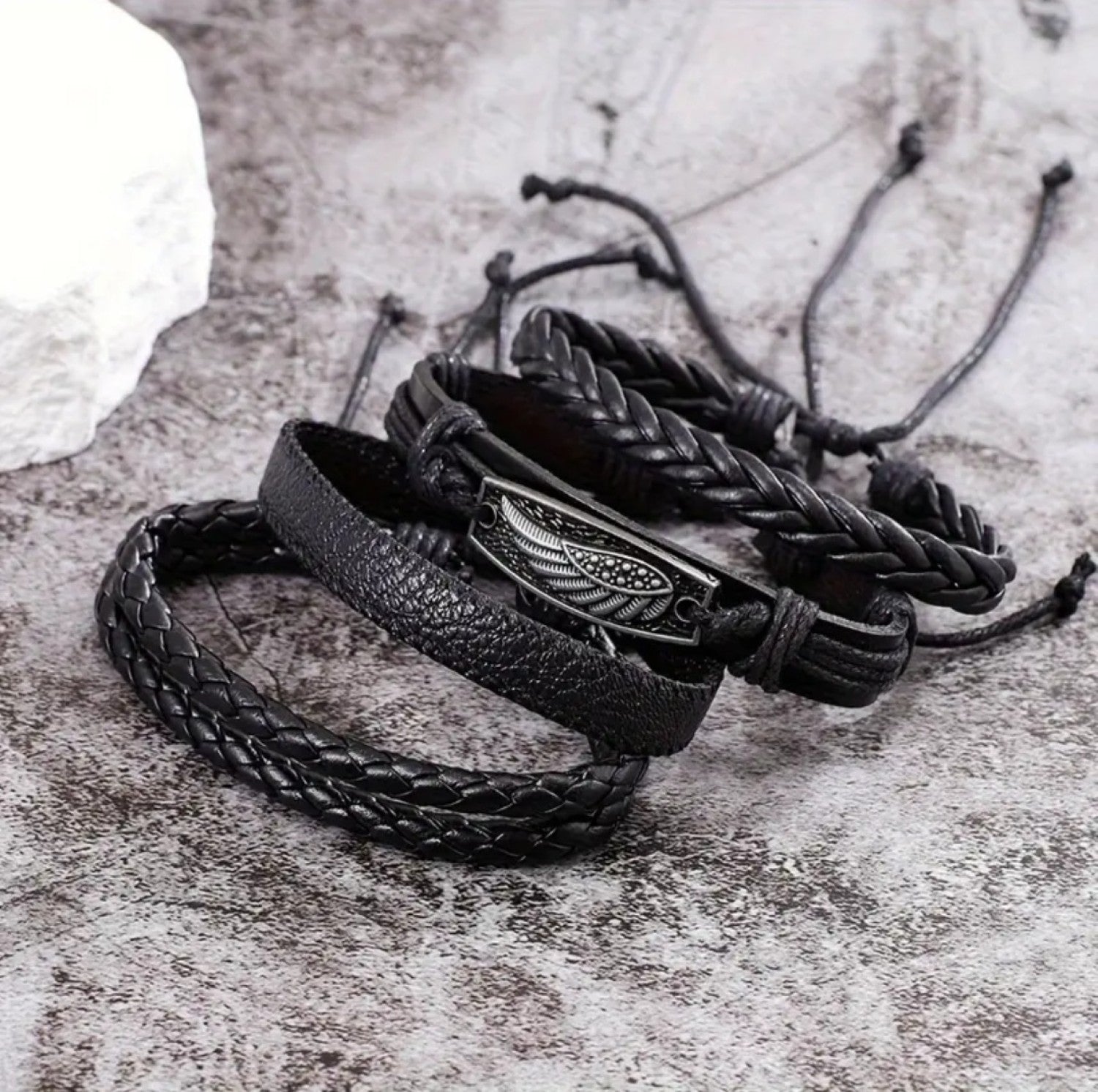 Black Braided Feather Design Wristband Leather Bracelet for Men
