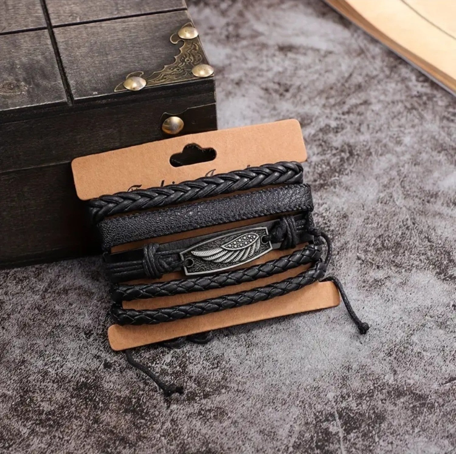 Black Braided Feather Design Wristband Leather Bracelet for Men
