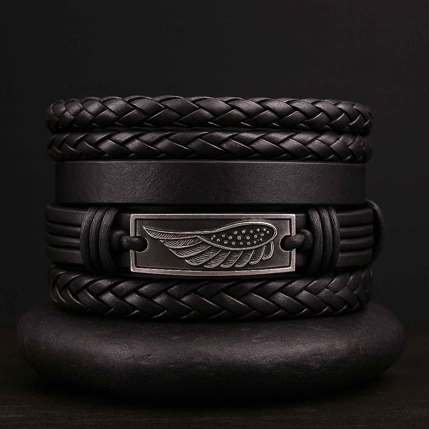 Black Braided Feather Design Wristband Leather Bracelet for Men