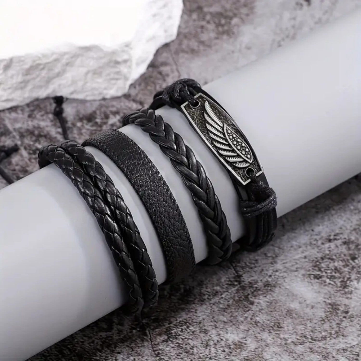 Black Braided Feather Design Wristband Leather Bracelet for Men