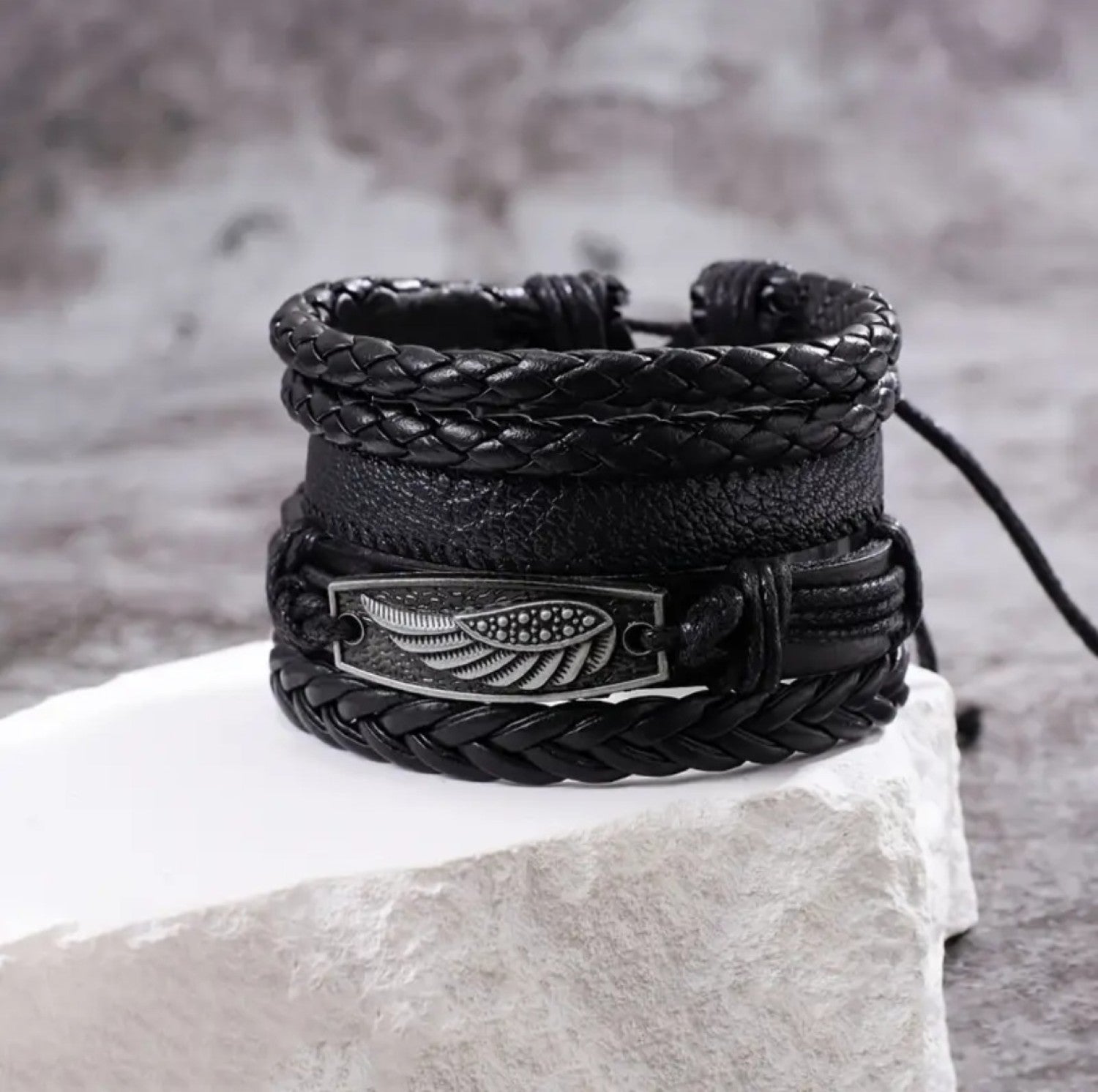 Black Braided Feather Design Wristband Leather Bracelet for Men