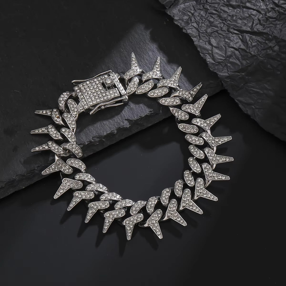Stainless Steel Zirconia Studded Cuban Link Rapper Bracelet for Men