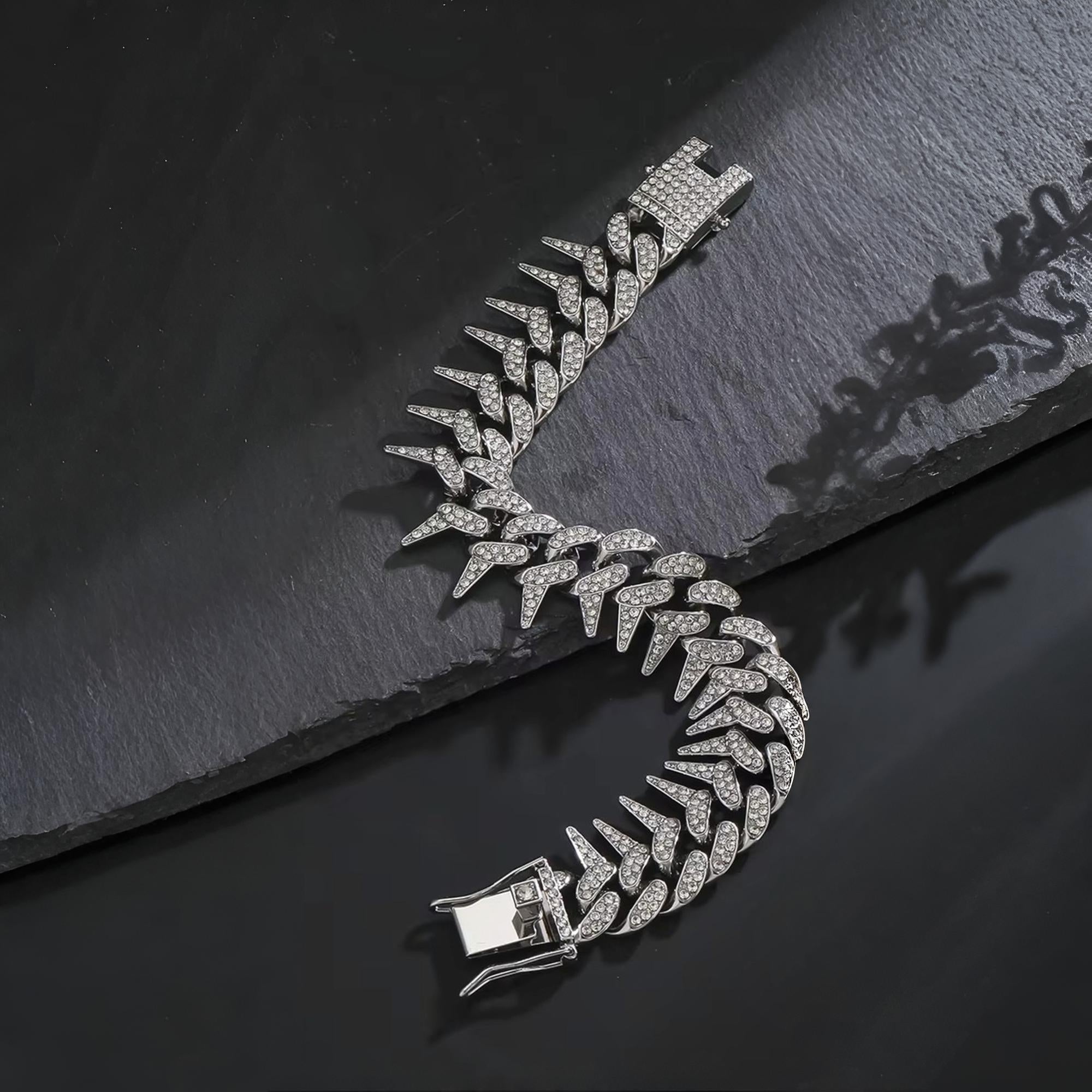Stainless Steel Zirconia Studded Cuban Link Rapper Bracelet for Men