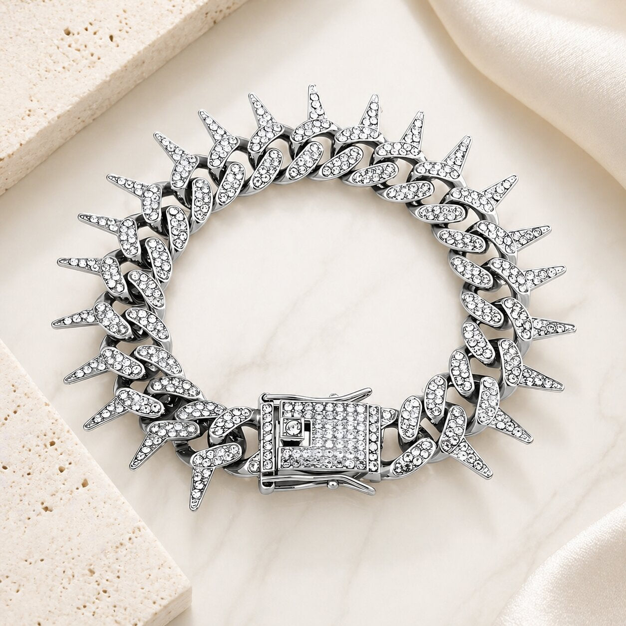 Stainless Steel Zirconia Studded Cuban Link Rapper Bracelet for Men