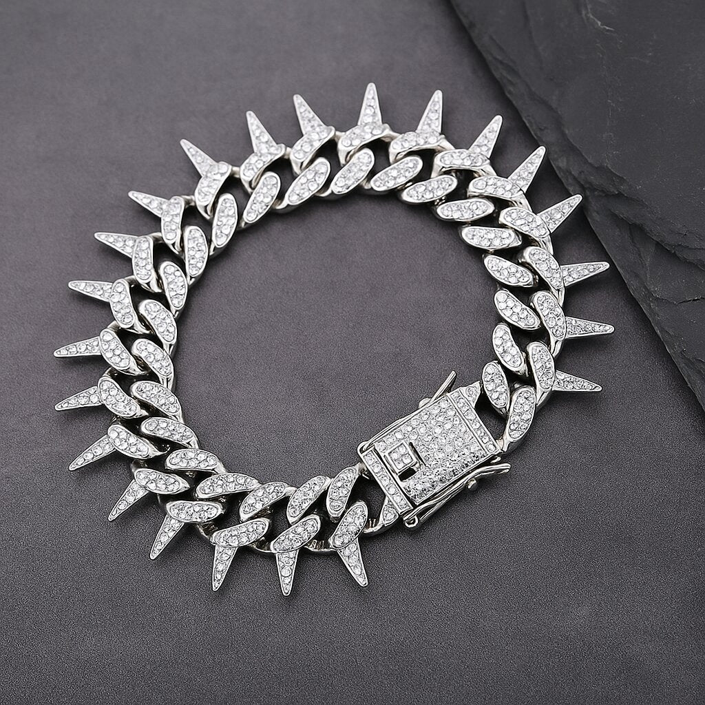 Stainless Steel Zirconia Studded Cuban Link Rapper Bracelet for Men