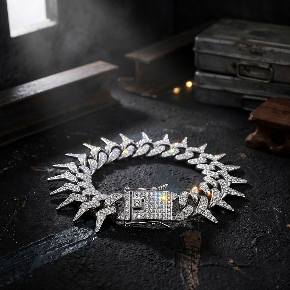 Stainless Steel Zirconia Studded Cuban Link Rapper Bracelet for Men
