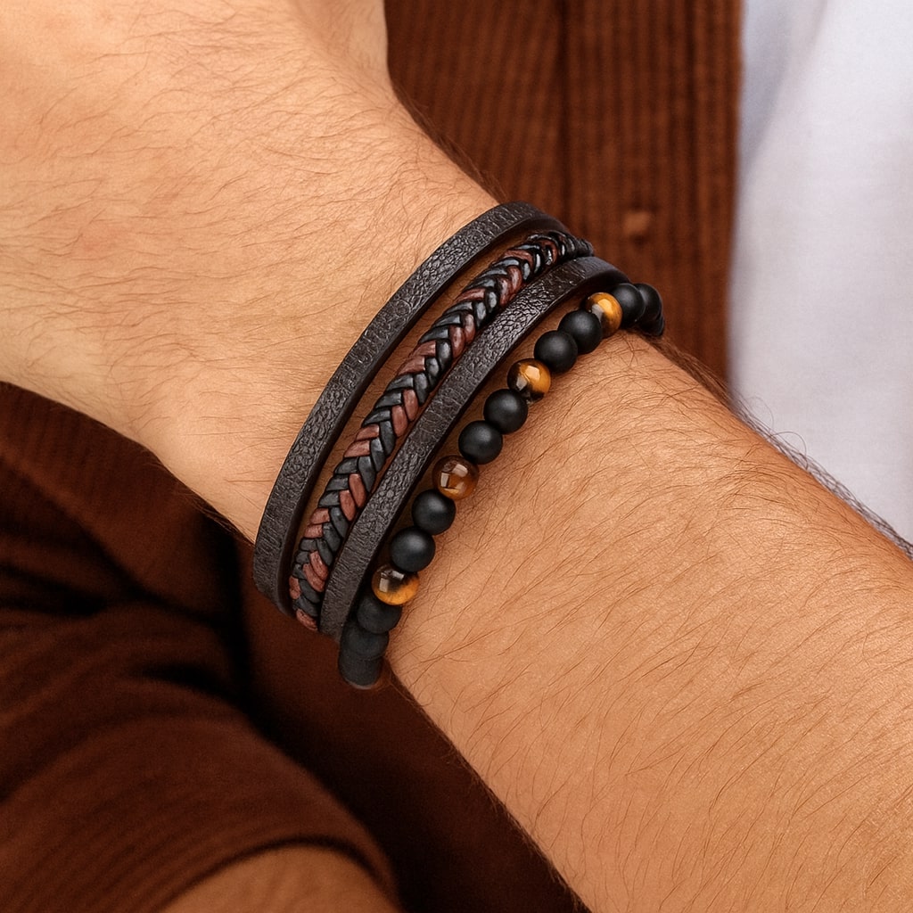 Black-Yellow Beaded Magnetic Clasp Leather Bracelet For Men