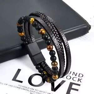 Black-Yellow Beaded Magnetic Clasp Leather Bracelet For Men