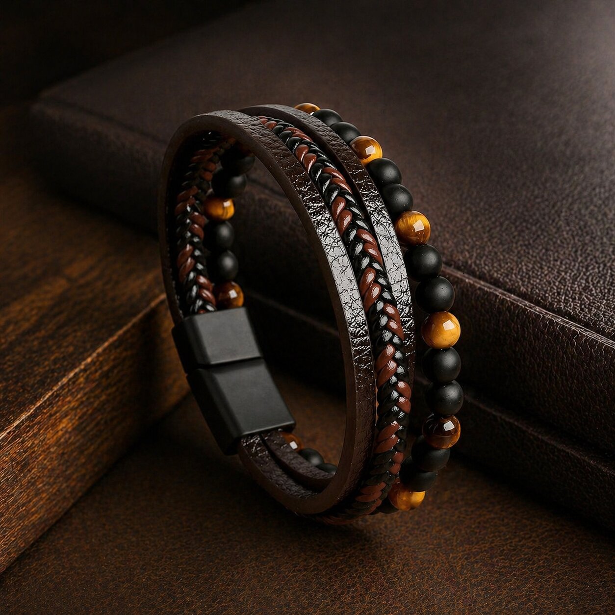 Black-Yellow Beaded Magnetic Clasp Leather Bracelet For Men