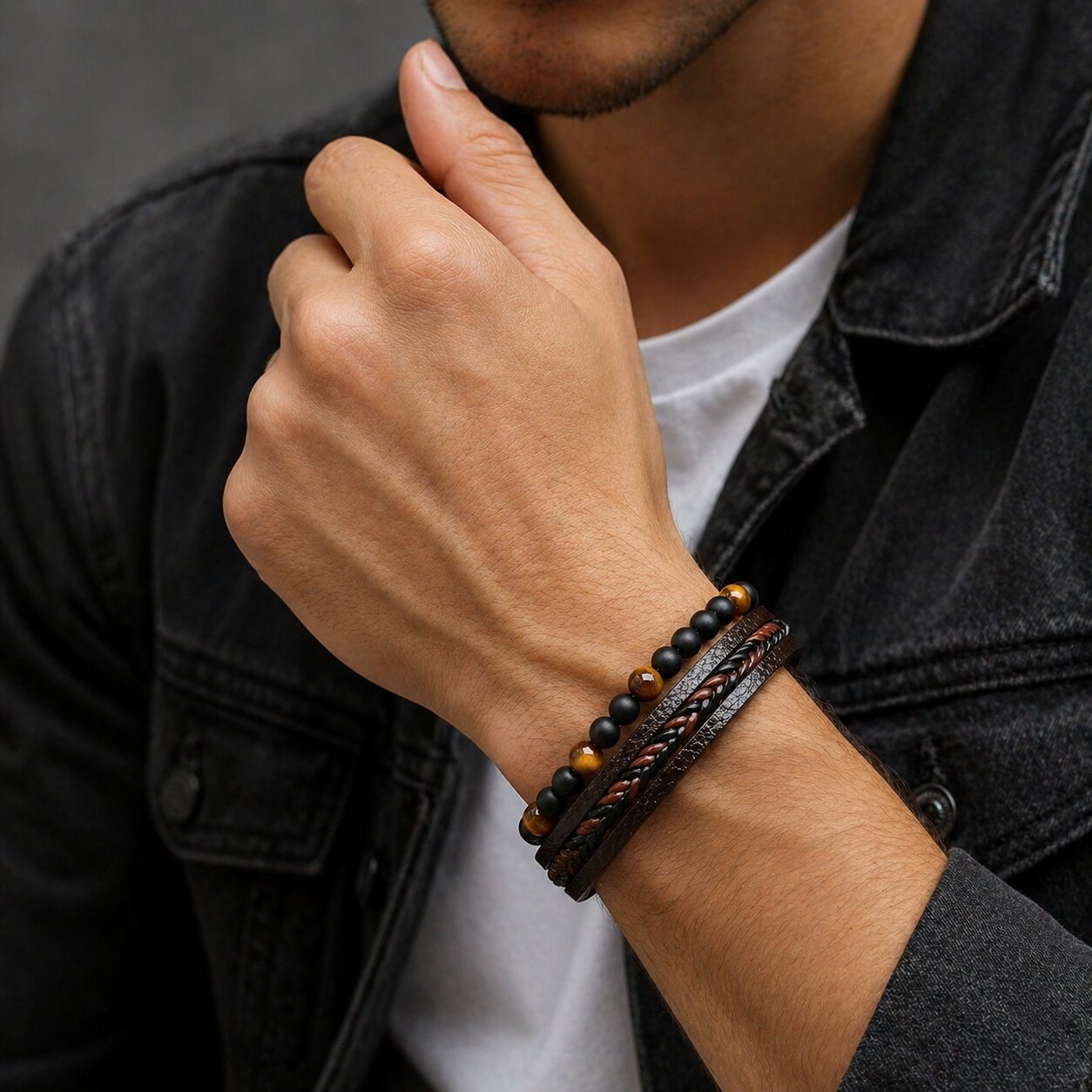 Black-Yellow Beaded Magnetic Clasp Leather Bracelet For Men
