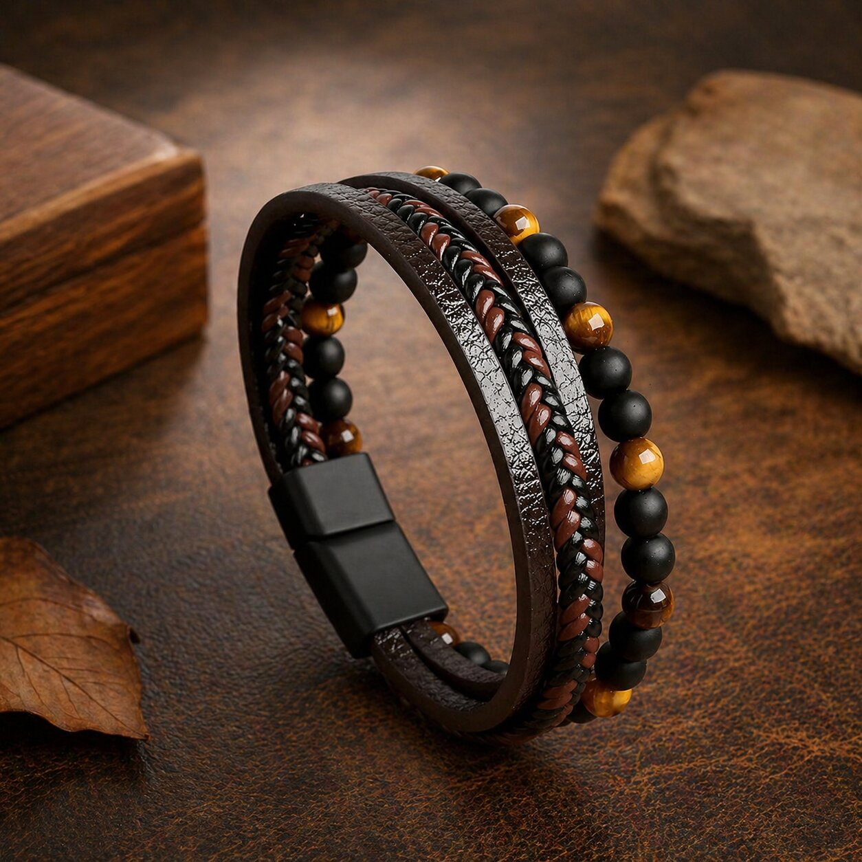 Black-Yellow Beaded Magnetic Clasp Leather Bracelet For Men