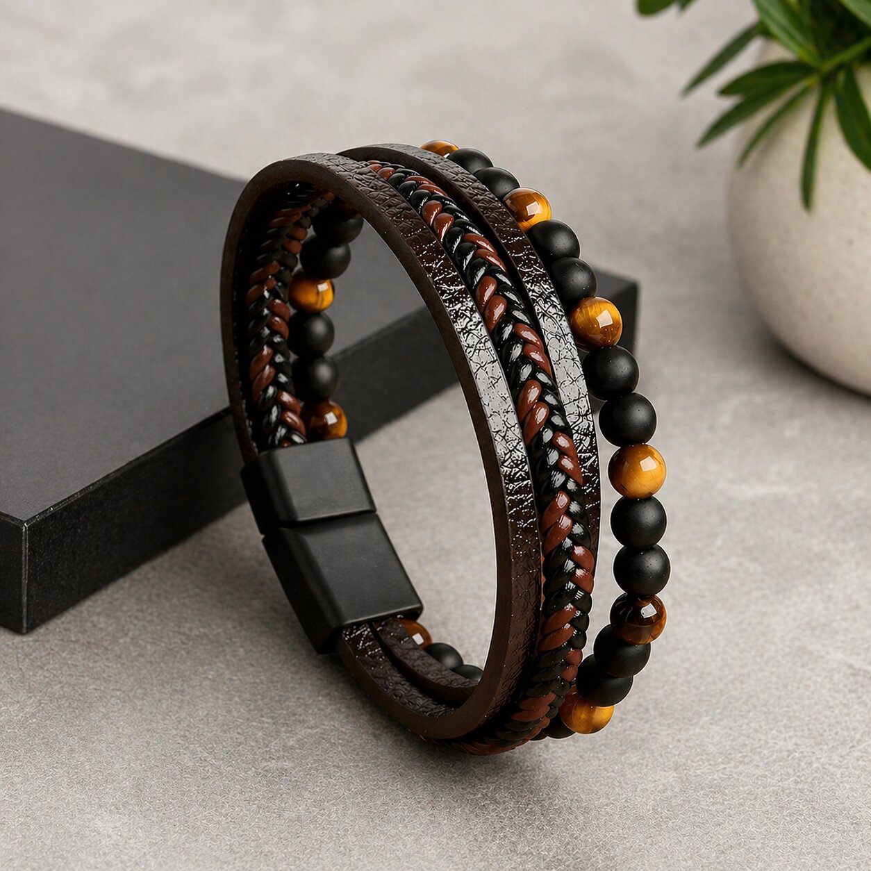 Black-Yellow Beaded Magnetic Clasp Leather Bracelet For Men