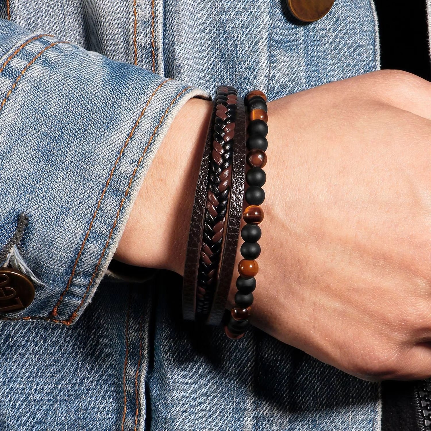 Black-Yellow Beaded Magnetic Clasp Leather Bracelet For Men