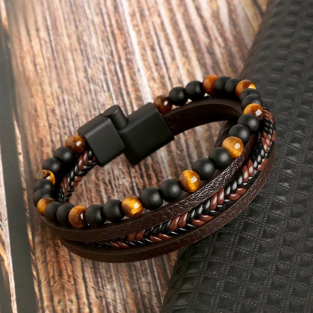 Black-Yellow Beaded Magnetic Clasp Leather Bracelet For Men