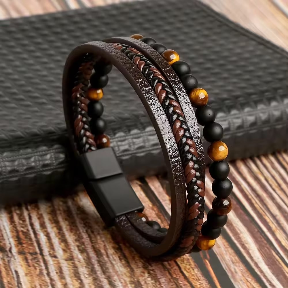 Black-Yellow Beaded Magnetic Clasp Leather Bracelet For Men