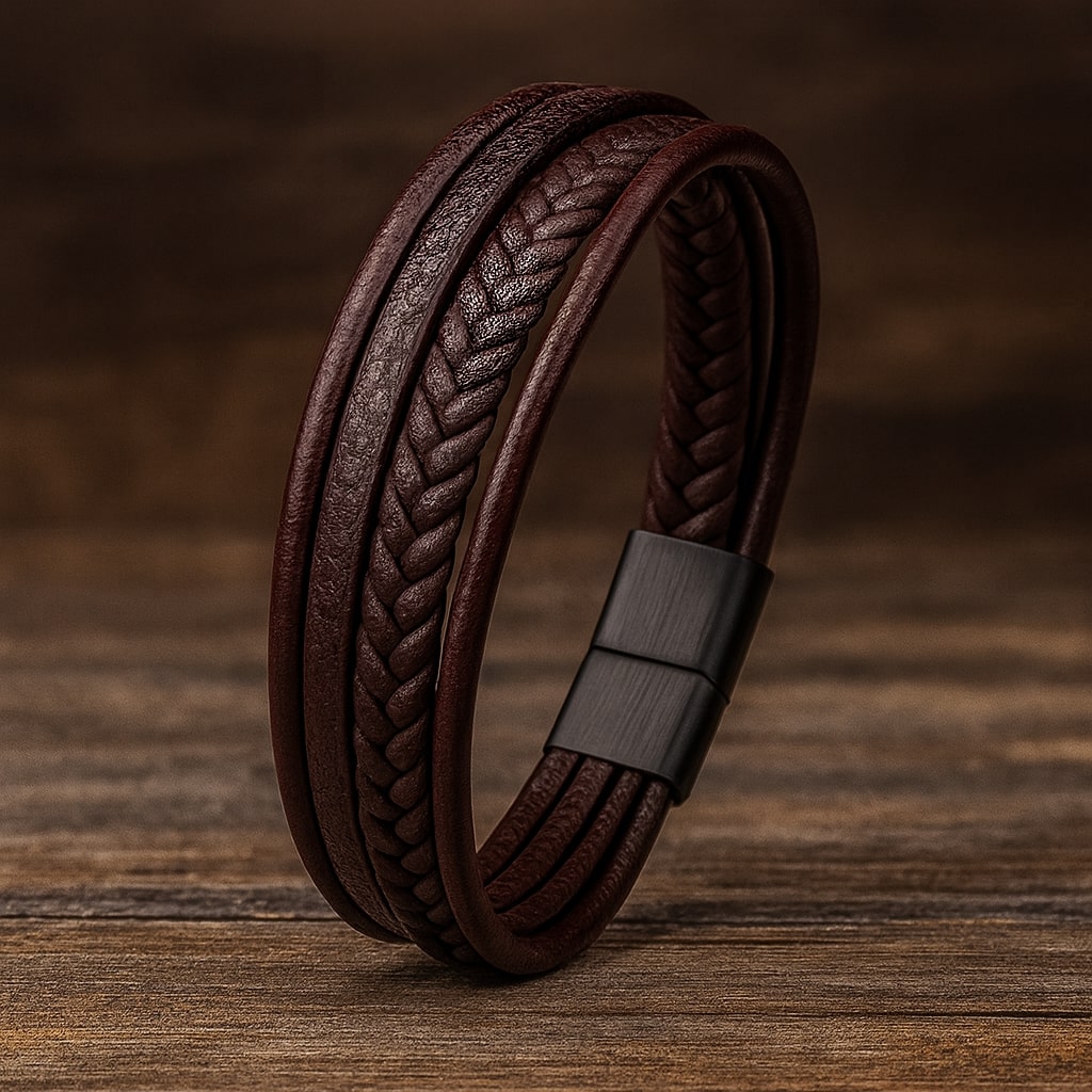 Brown Braided Leather Bracelet For Men