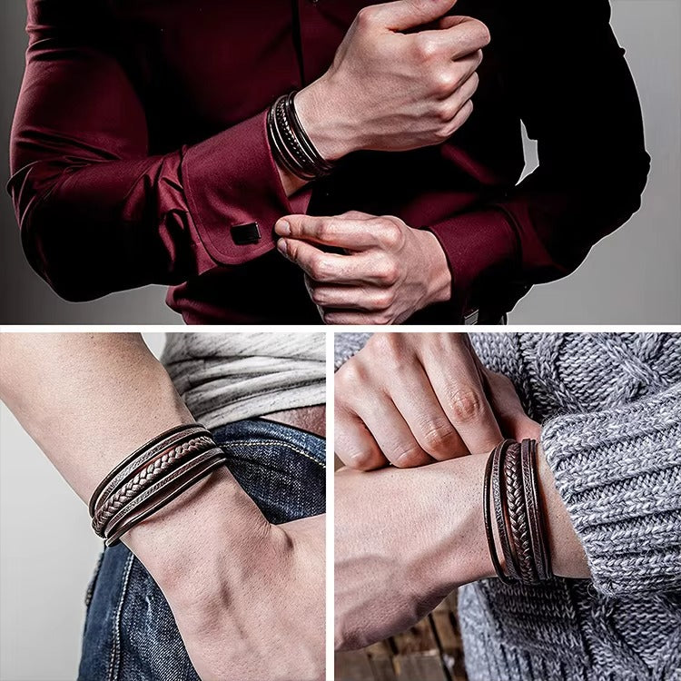 Brown Braided Leather Bracelet For Men