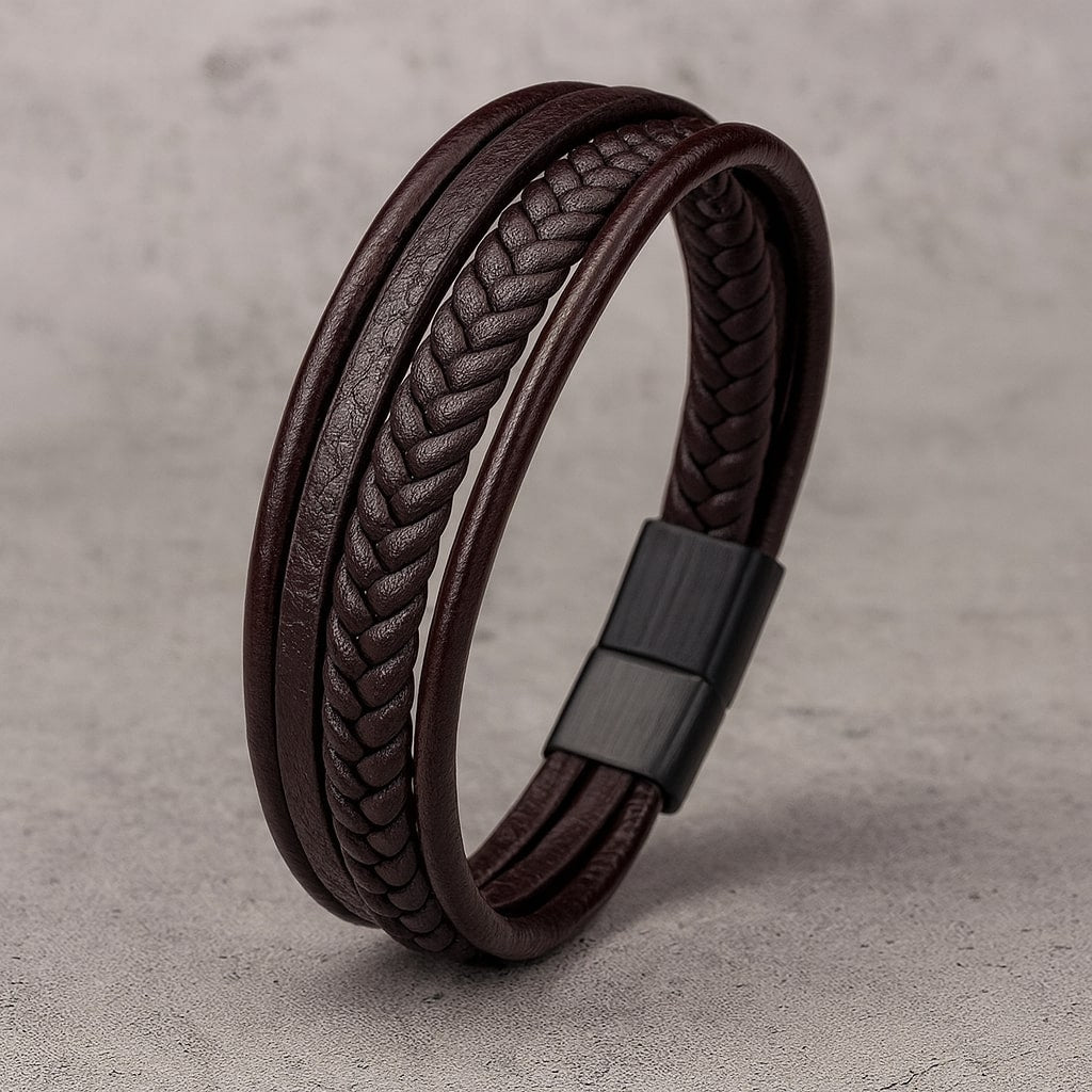 Brown Braided Leather Bracelet For Men