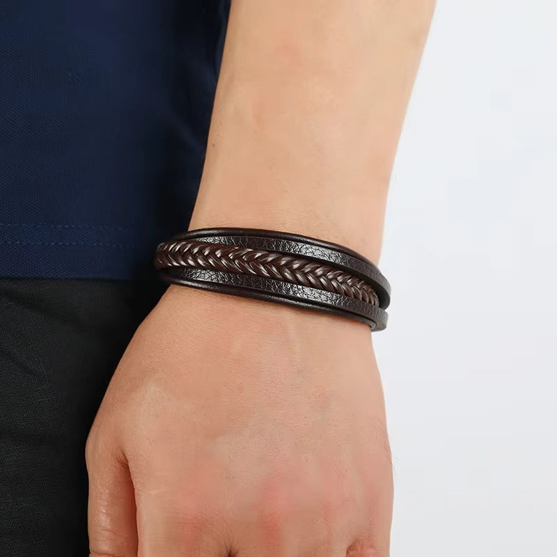 Brown Braided Leather Bracelet For Men