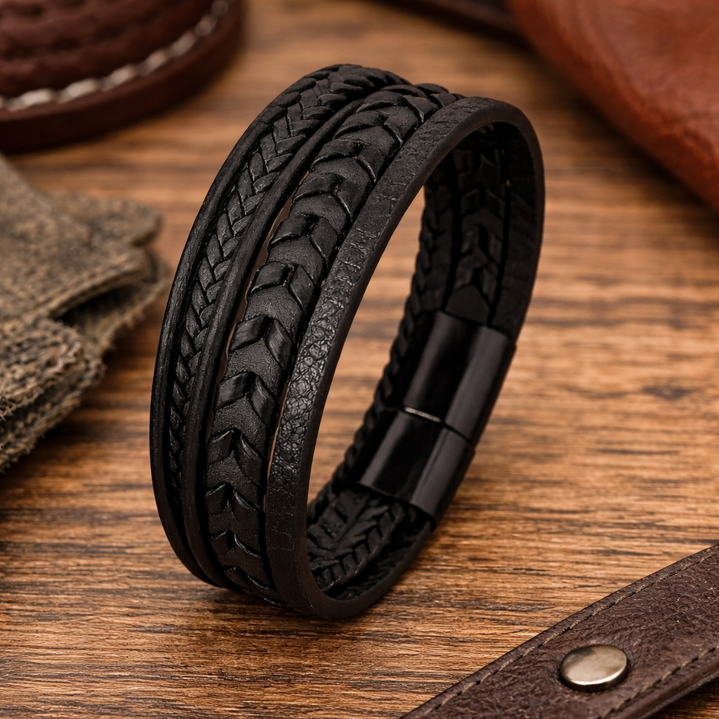 Black Braided Leather Magnetic Clasp Bracelet For Men