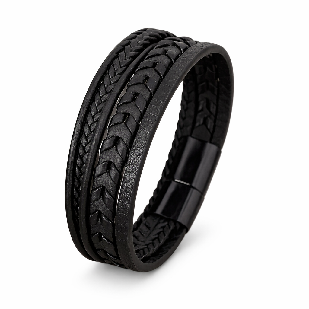 Black Braided Leather Magnetic Clasp Bracelet For Men