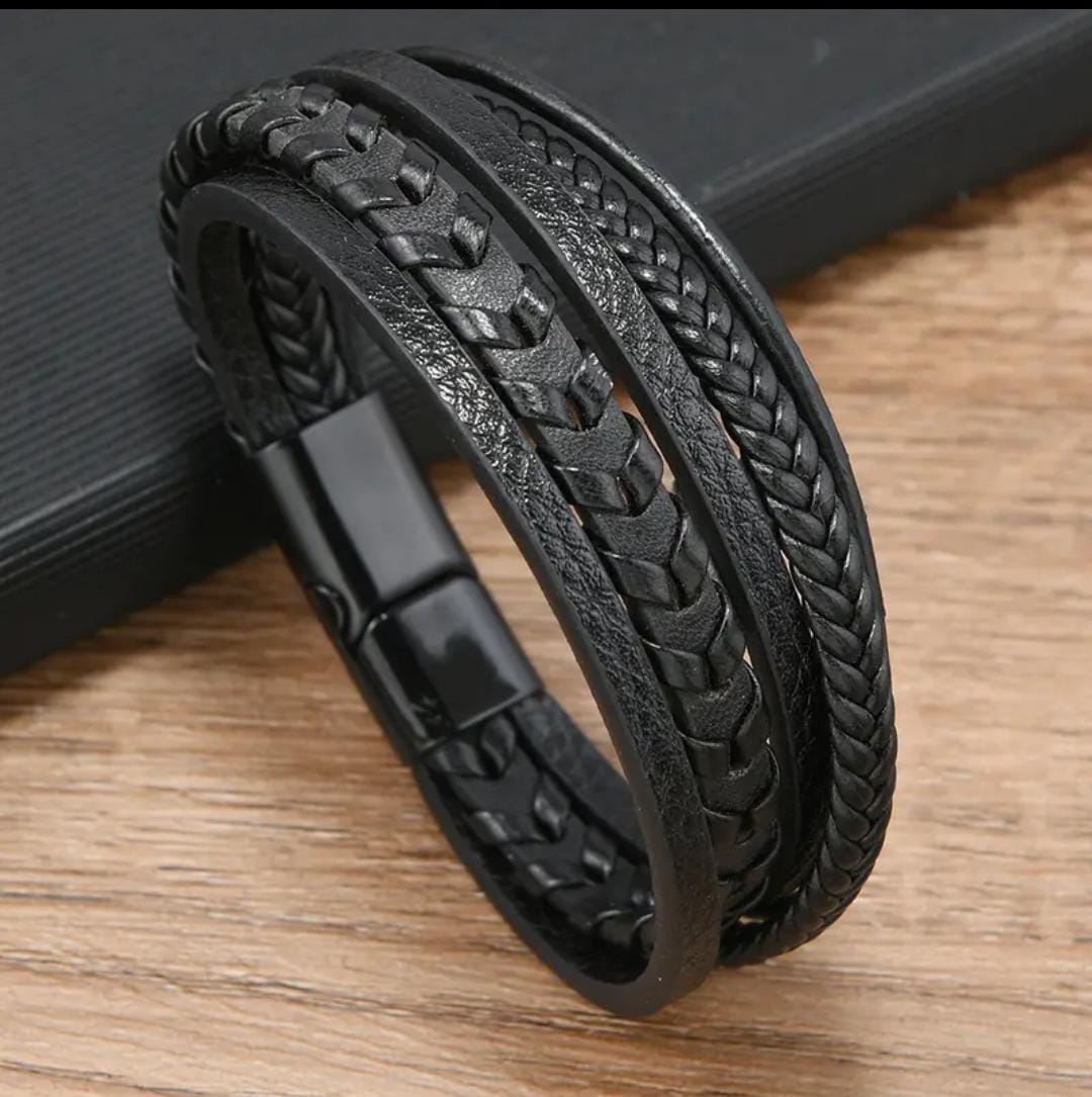 Black Braided Leather Magnetic Clasp Bracelet For Men