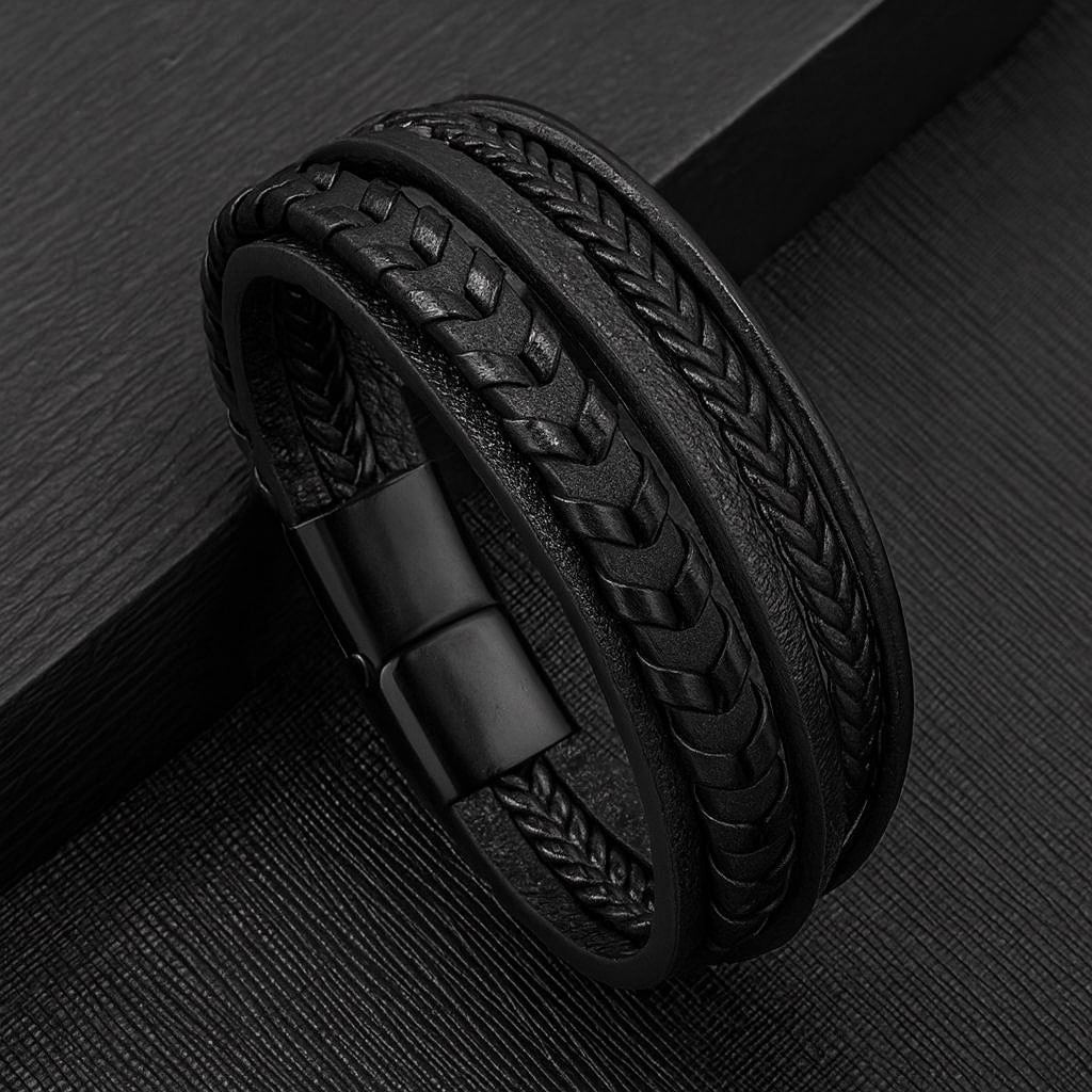 Black Braided Leather Magnetic Clasp Bracelet For Men