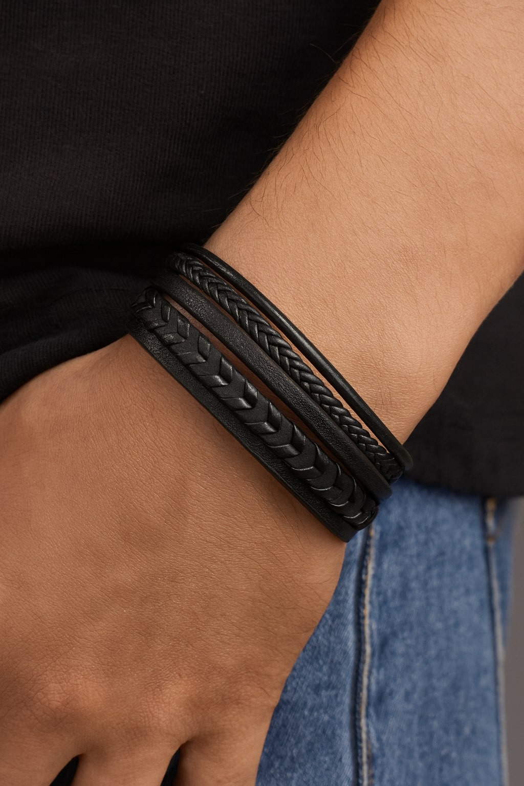 Black Braided Leather Magnetic Clasp Bracelet For Men