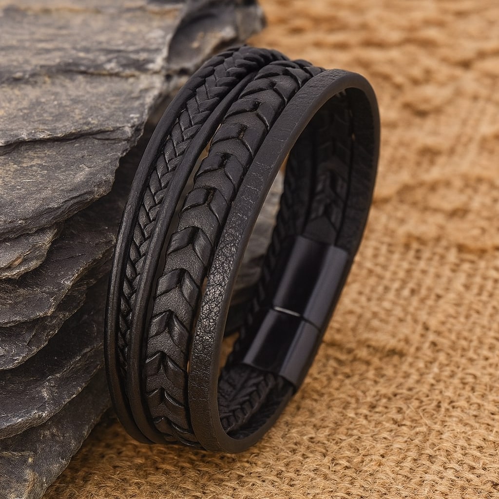 Black Braided Leather Magnetic Clasp Bracelet For Men