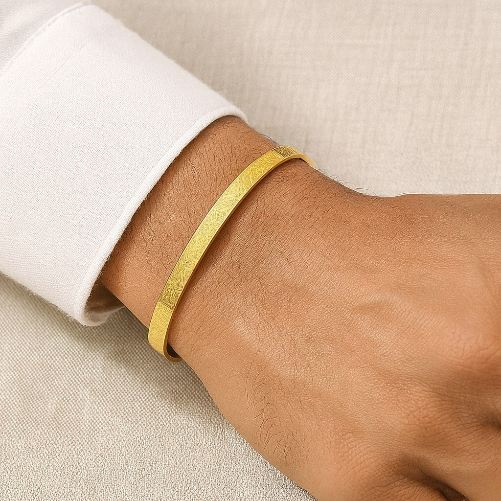 Stainless Steel Islamic Ayatul Kursi Engraved Bracelet - Gold Cuff for Men