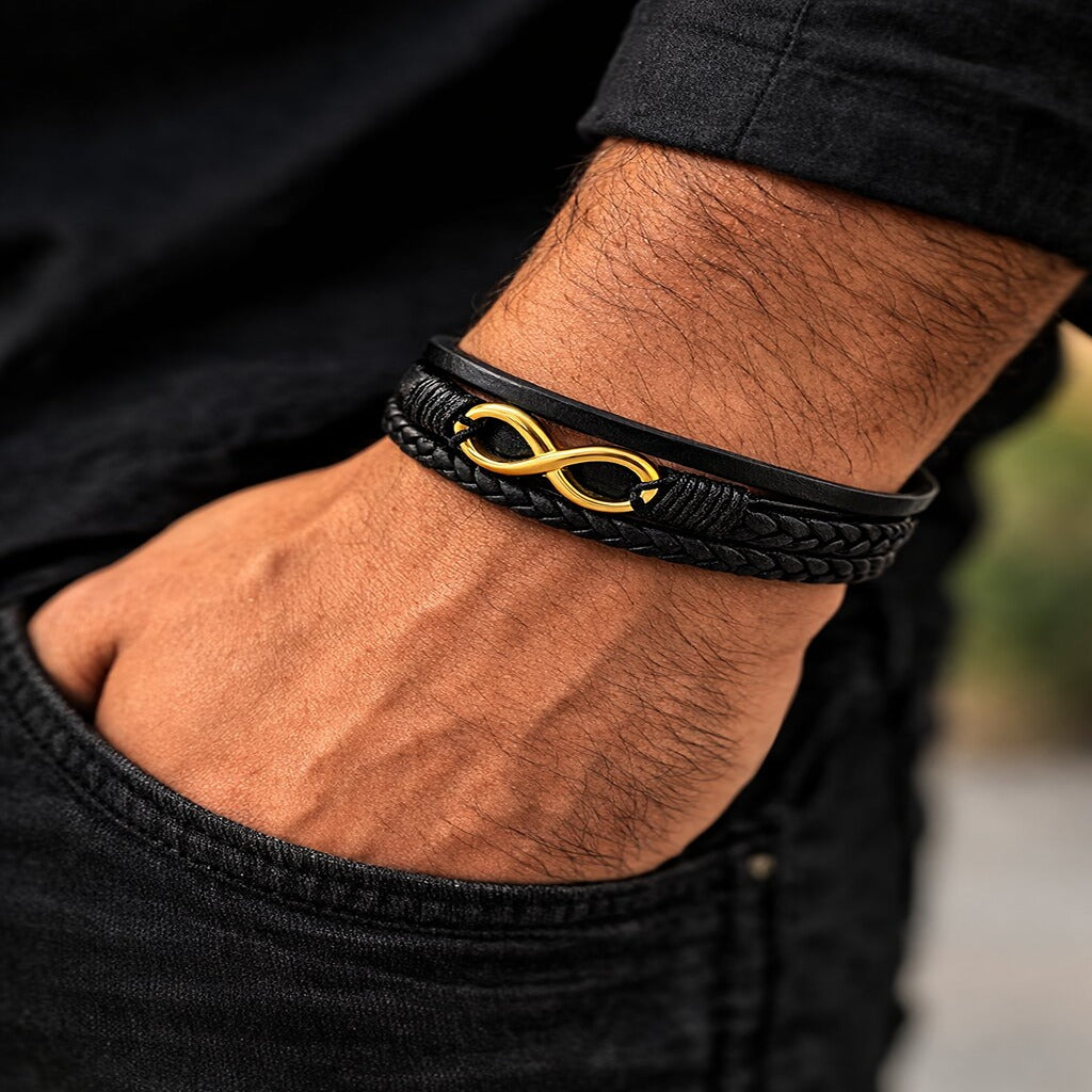 Black Braided Infinity 8 Symbol Leather Bracelet For Men