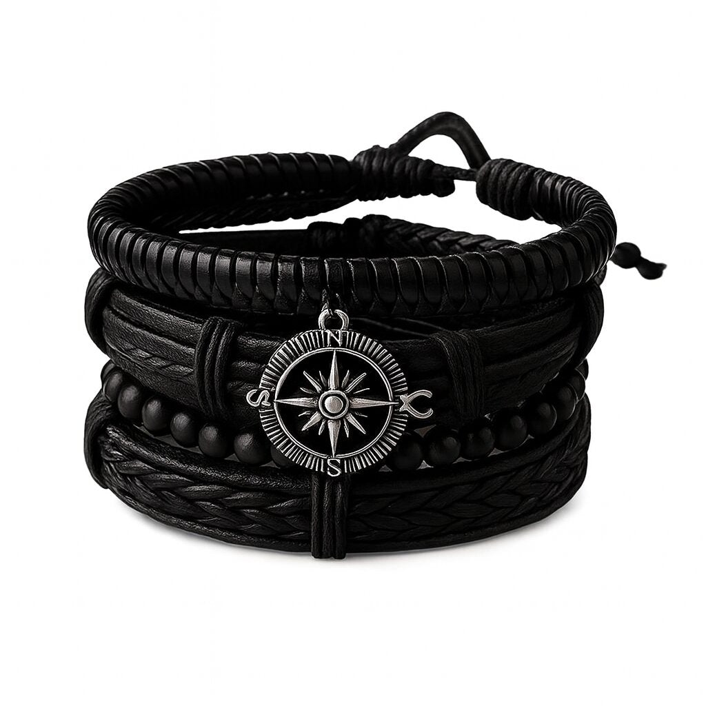 Black Braided Beaded Leather Bracelet For Men Pack of 4