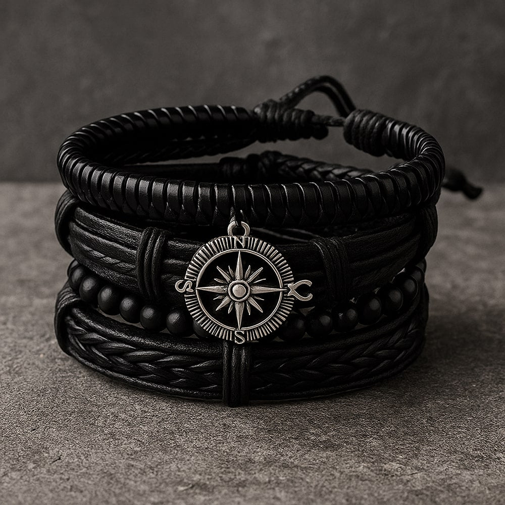 Black Braided Beaded Leather Bracelet For Men Pack of 4