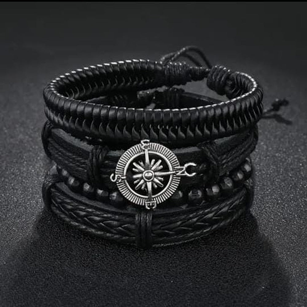 Black Braided Beaded Leather Bracelet For Men Pack of 4