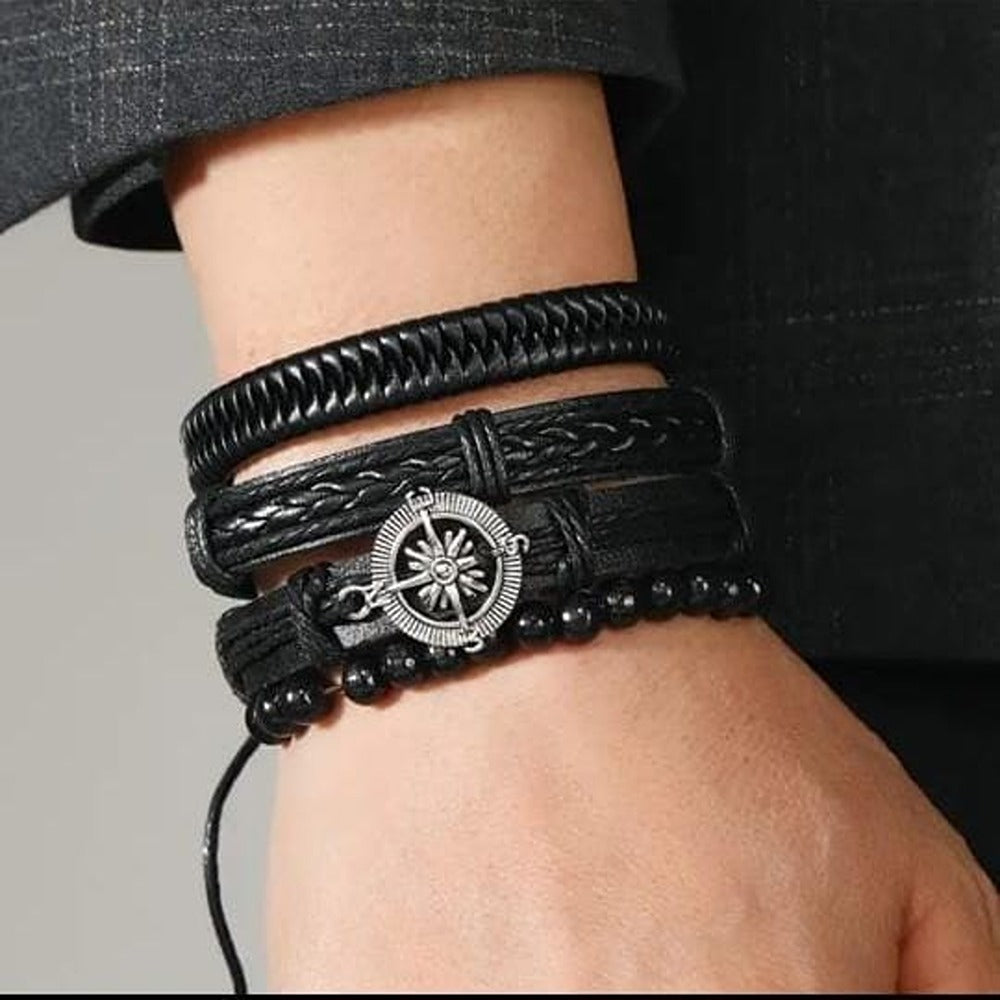 Black Braided Beaded Leather Bracelet For Men Pack of 4