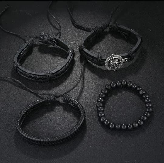 Black Braided Beaded Leather Bracelet For Men Pack of 4