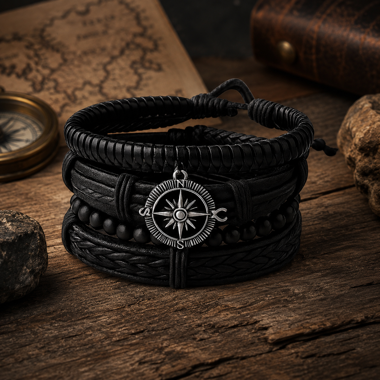 Black Braided Beaded Leather Bracelet For Men Pack of 4