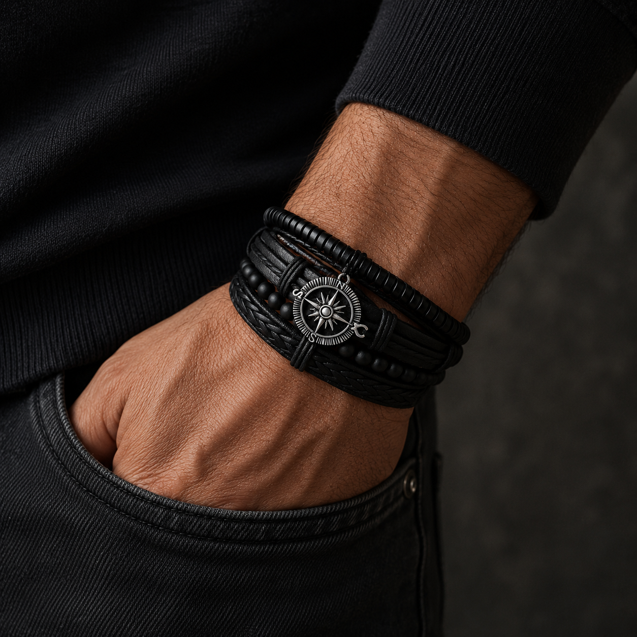Black Braided Beaded Leather Bracelet For Men Pack of 4