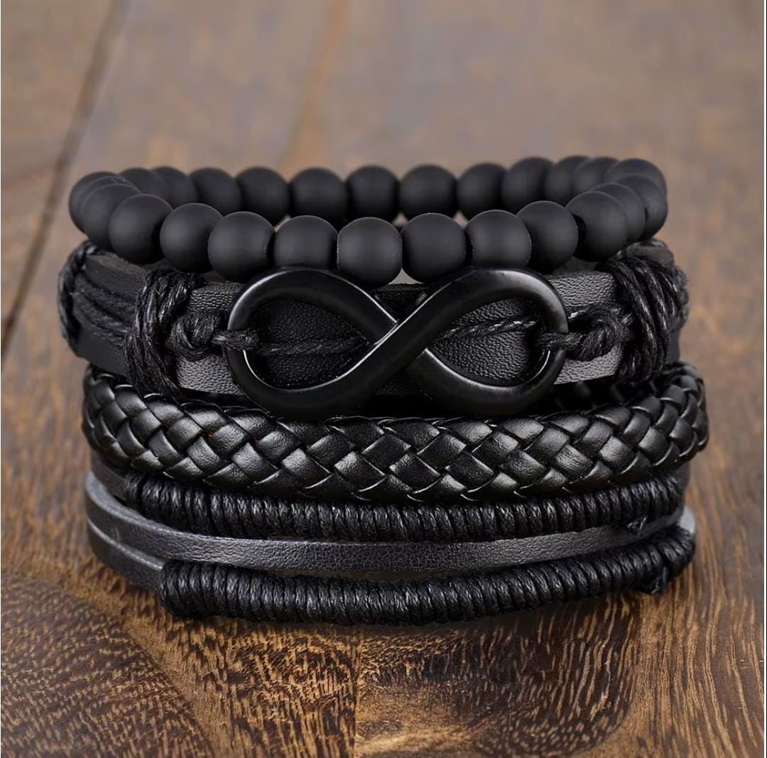 Black Beaded Infinity Symbol Leather Bracelet For Men Pack of 4