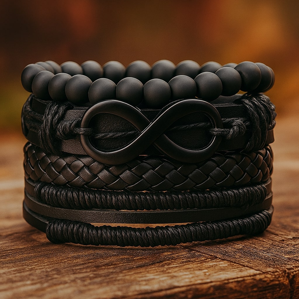 Black Beaded Infinity Symbol Leather Bracelet For Men Pack of 4