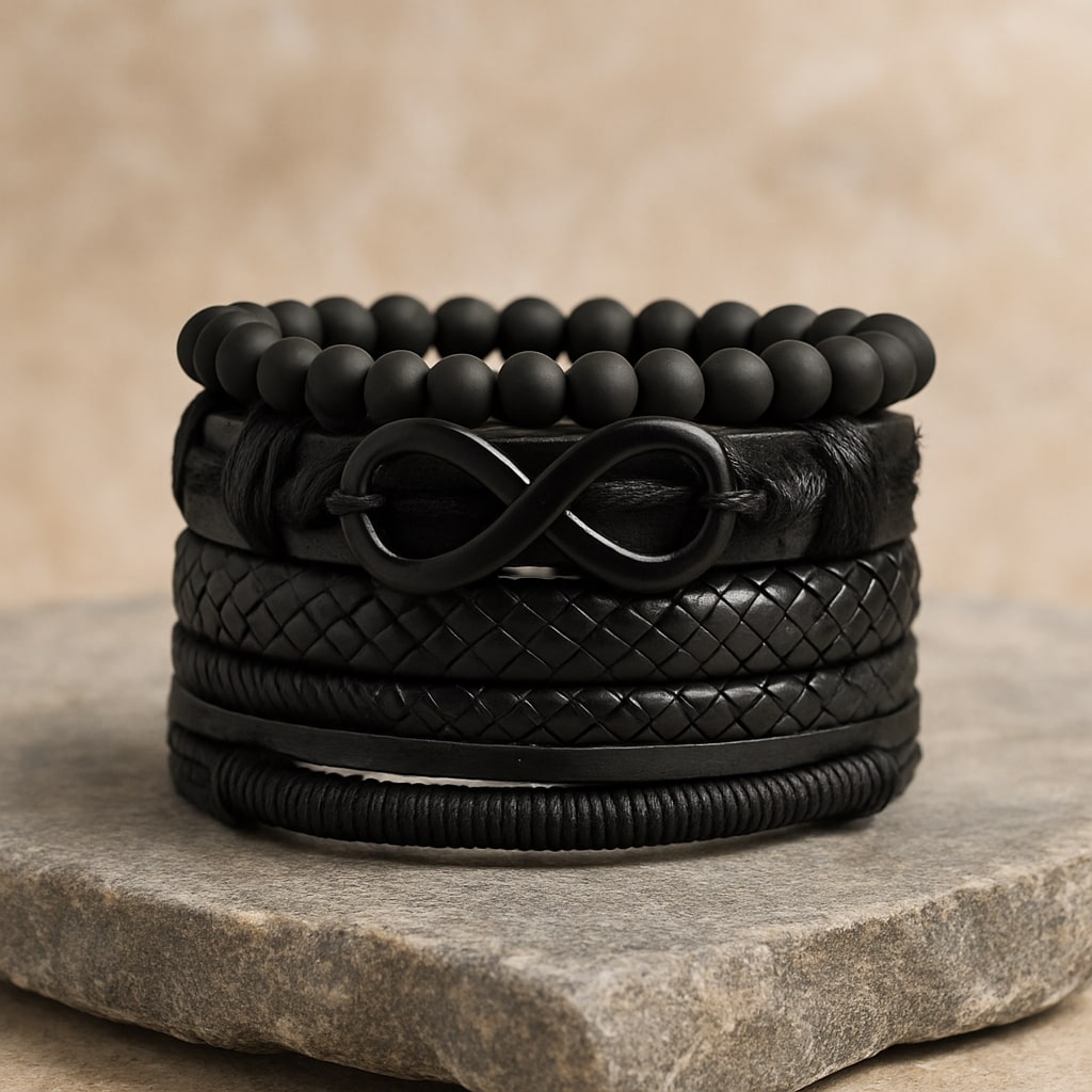 Black Beaded Infinity Symbol Leather Bracelet For Men Pack of 4