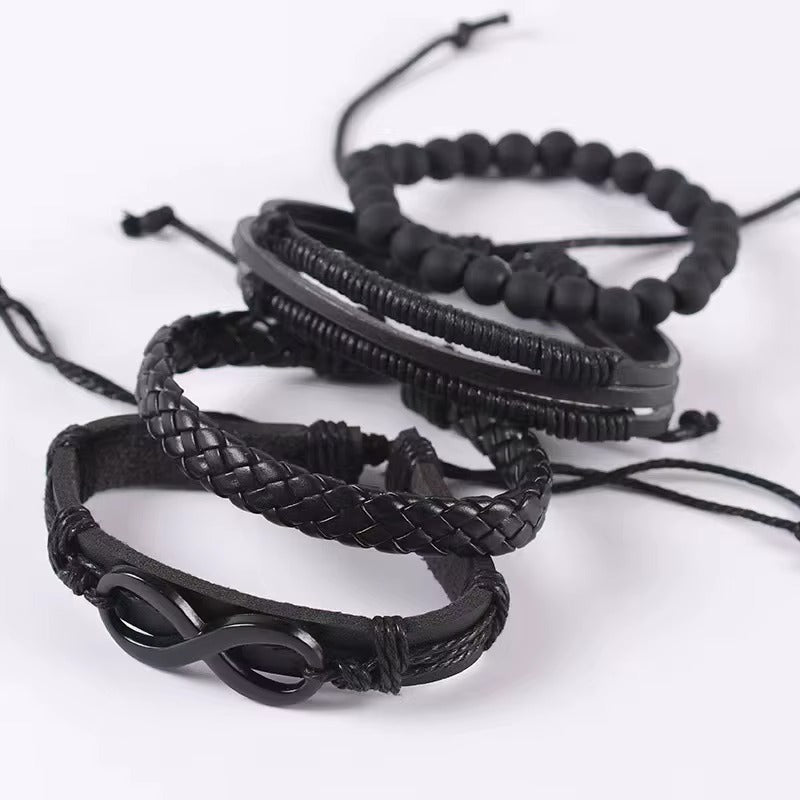 Black Beaded Infinity Symbol Leather Bracelet For Men Pack of 4