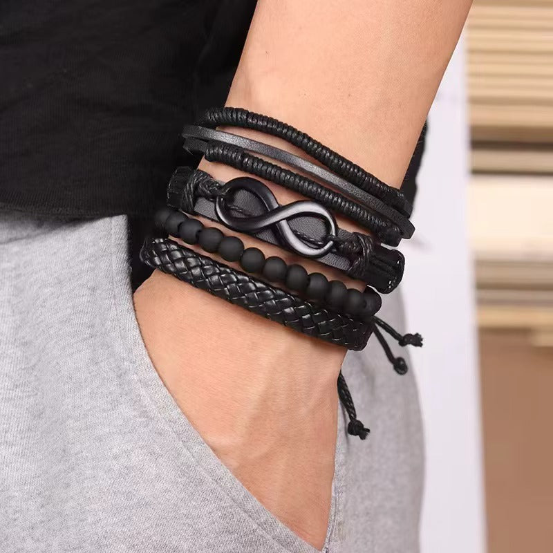 Black Beaded Infinity Symbol Leather Bracelet For Men Pack of 4