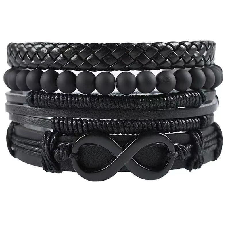 Black Beaded Infinity Symbol Leather Bracelet For Men Pack of 4