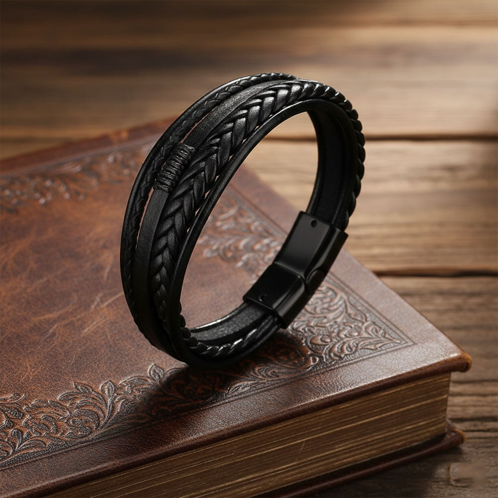 Black Braided Leather Bracelet for Men