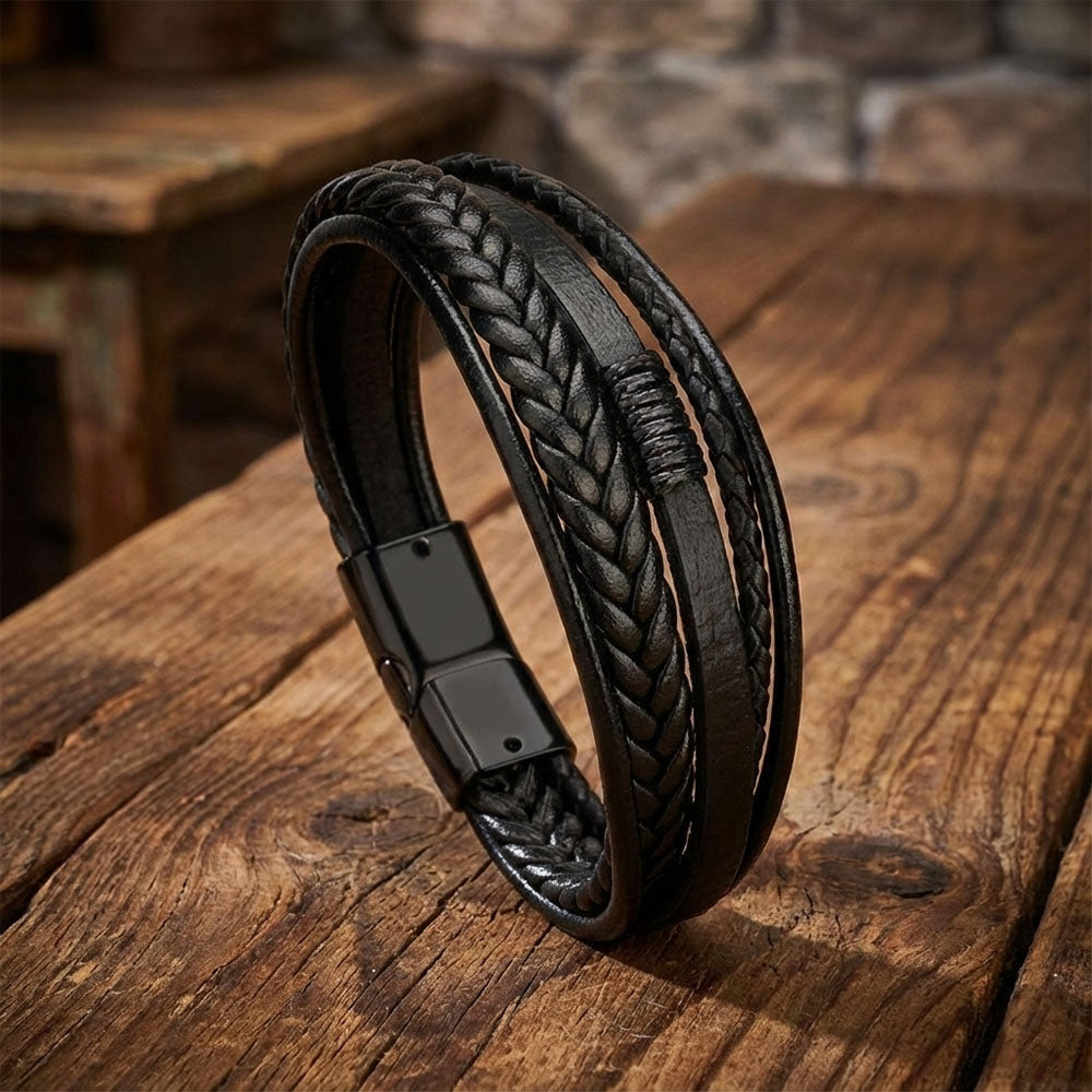 Black Braided Leather Bracelet for Men