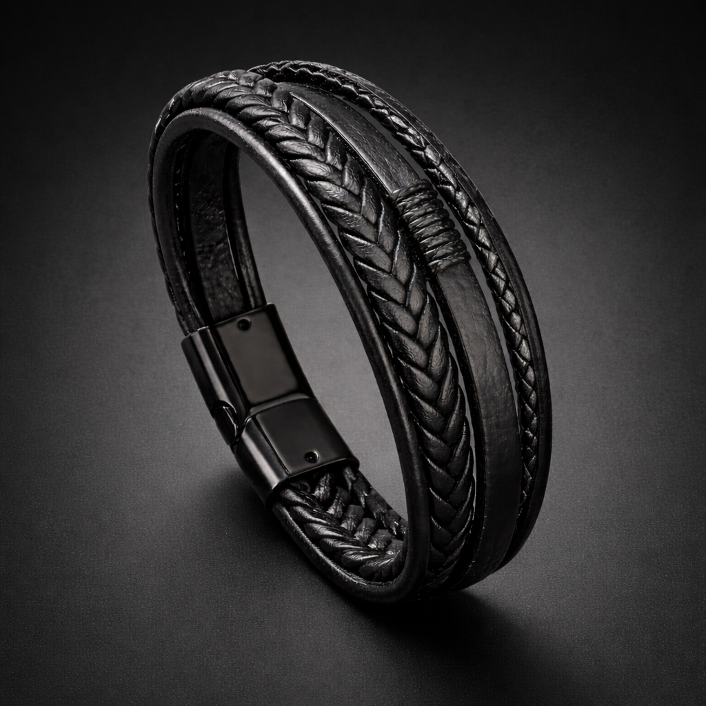 Black Braided Leather Bracelet for Men